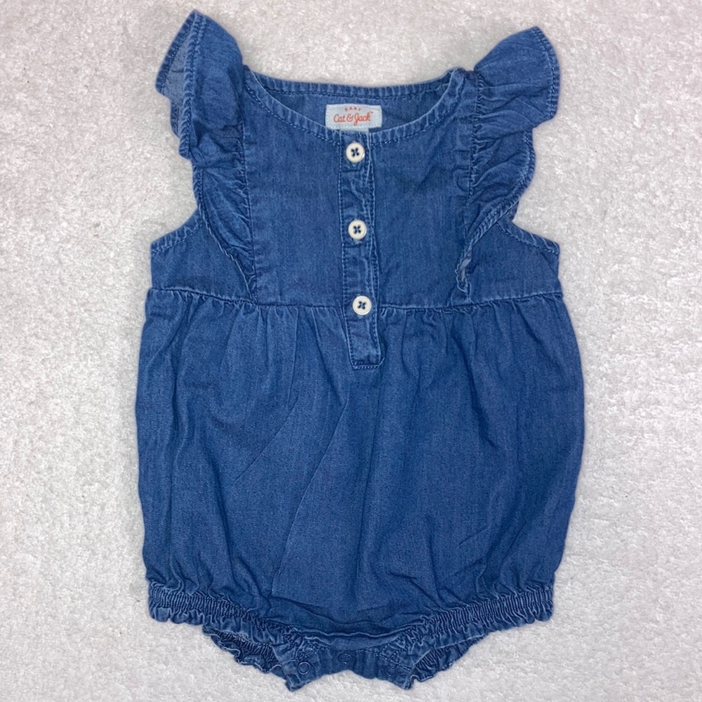 Cat & jack chambray denim ruffle summer bubble romper one piece 6-9m